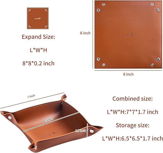 PU Leather Jewelry Valet Tray for Women and Men, Portable Entryway Table and Bedside Nightstand Desk Catchall Travel Dish Plate for Key, Wallet, Watch, Coin (Brown-B)