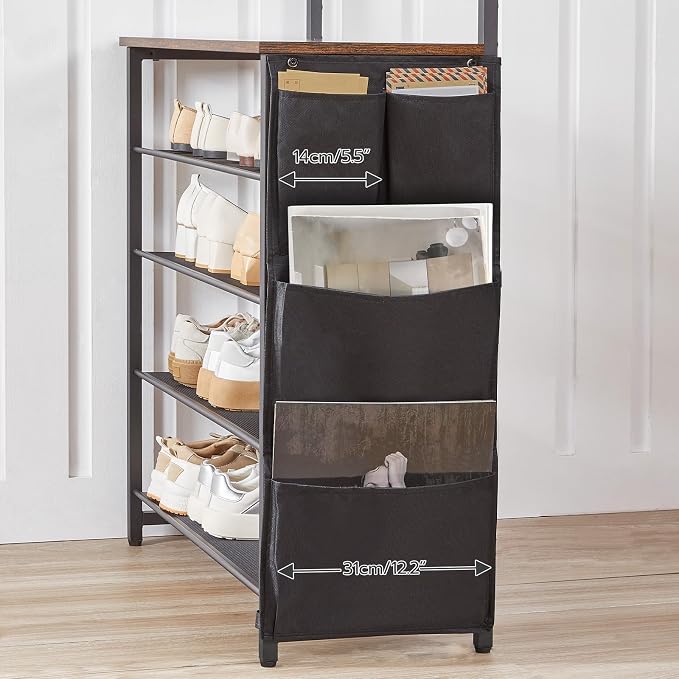 HOOBRO Hall Tree with Bench, Entryway Coat Rack with Shoe Rack, Shoe and Coat Rack, 5 Tier Shoe Storage Organizer with Oxford Fabric Side Pockets, Adjustable Mesh Shelves, Rustic Brown BF75MT01