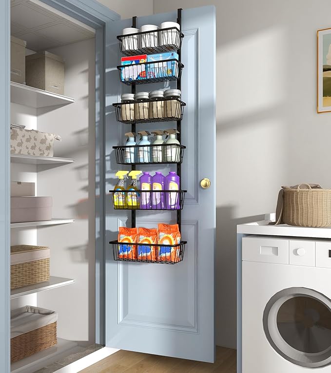 Mefirt 12 Inch Wide Narrow Over The Door Pantry Organizer, Pantry Organization and Storage, Black Metal Hanging Deep Basket Wall Spice Rack Seasoning Shelves, Home & Kitchen Essentials, Apartment