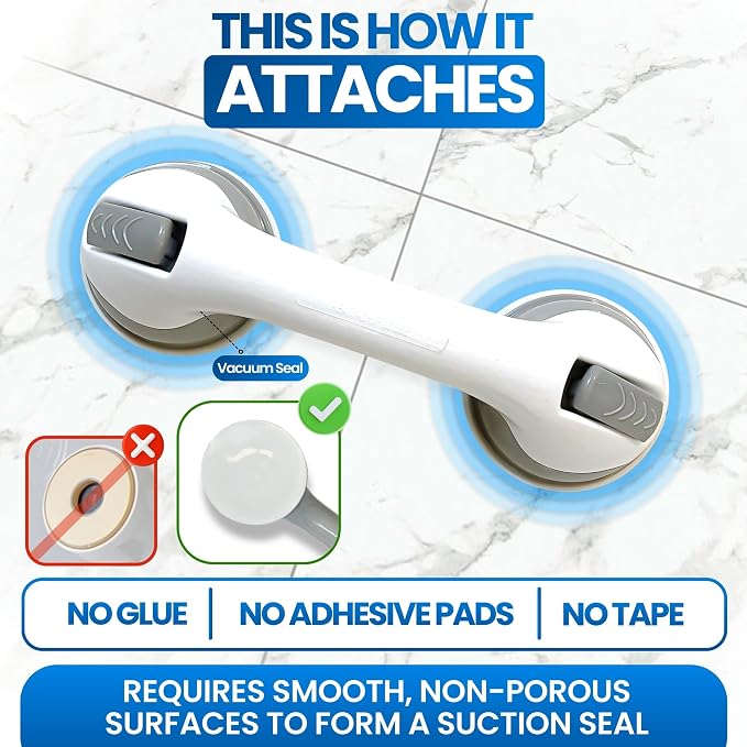 Safe-er-Grip Safe-er-Grip Changing Lifestyles Suction Cup Grab Bars for Bathtubs & Showers; Safety Bathroom Assist Handle, White & Grey, 12 inches