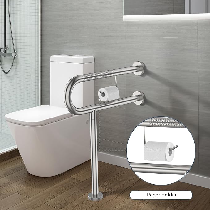 Toilet Grab Bar with Leg 24x28 Inch, ZUEXT Brushed Nickel Knurled Toilet Support Bar with Toilet Paper Holder, Stainless Steel Wall & Floor Mounted Bathroom Support Rail for Elderly Disabled Pregnant