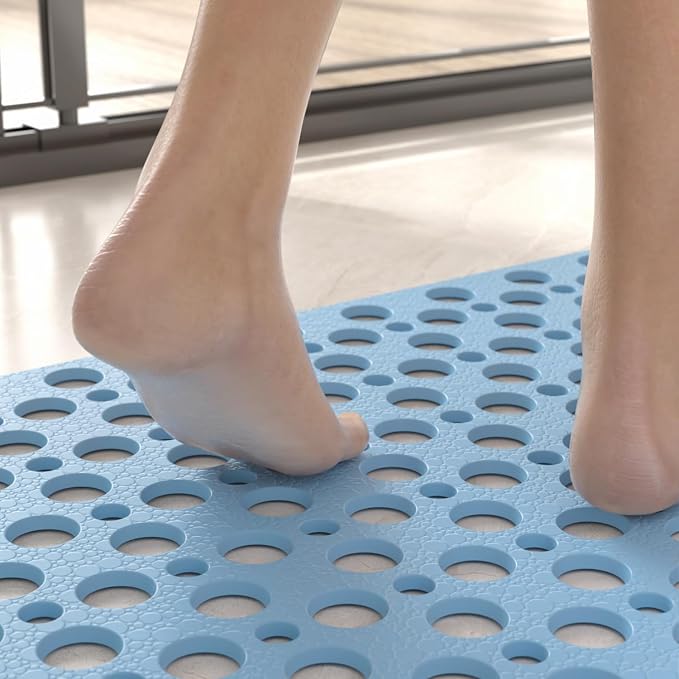 HITSLAM Shower Mat Anti Slip, 21x21 Inch No Odor Soft TPE Bathroom Shower Stall Floor Mat, Square Bath Mat for Tub Non Slip with Suction Cups and Drain Holes, Machine Washable, Soft on Feet, Blue