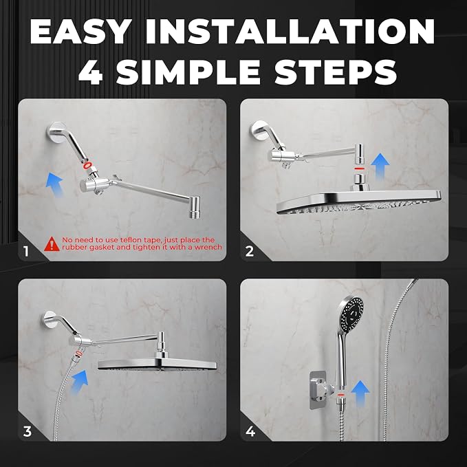 Wide Rain Shower Head With 5 Modes Handheld Showerheads, High Pressure Showerhead Combo with Extension Arm for Bathroom Accessories, Adjustable Shower Head with Anti-Clog Nozzles (Chrome)