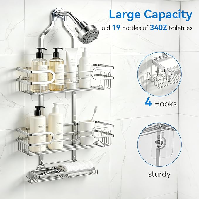 Shower Caddy Hanging, Over Head Shower Caddy Shower Storage Rack Basket with Hooks for Razor and Sponge Rustproof, No Drilling, Accessories for Bathroom and Kitchen, Chrome