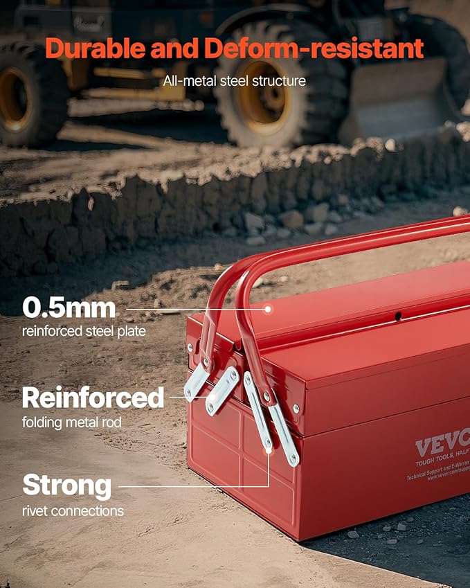 VEVOR Metal Tool Box, 14-inch, 2-Tier 3-Tray Portable Folding Tool Chest Organizer with Handle & Lock Hole, Powder Coated Steel, Cantilever Toolbox for Household Factory Warehouse Repair Shop, Red