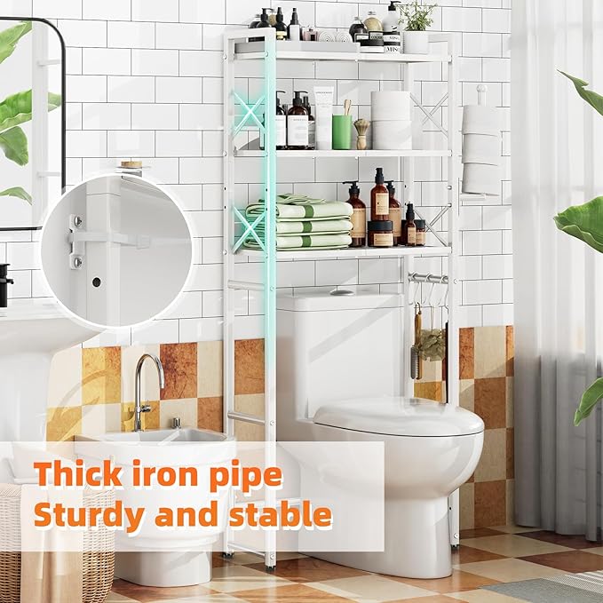 Simple Trending Over The Toilet Storage Rack with Toilet Paper Holder, Heavy Duty Metal 3 Tier Bathroom Organizer Shelf with 3 Hooks, White
