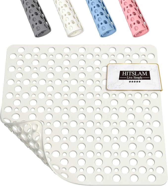 HITSLAM Shower Mat Anti Slip, 21x21 Inch No Odor Soft TPE Bathroom Shower Stall Floor Mat, Square Bath Mat for Tub Non Slip with Suction Cups and Drain Holes, Machine Washable, Soft on Feet, White