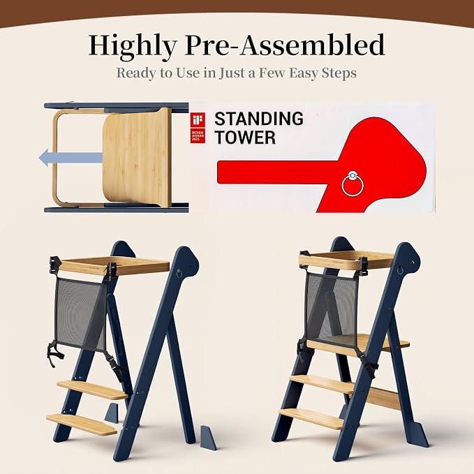 COSYLAND Foldable Standing Tower – IF Design Awarded Toddler Kitchen Step Stool with Safety Net & Large Side Support Legs– Adjustable Toddler Learning Helper Stool (Slate Blue & Natural)-Foldi