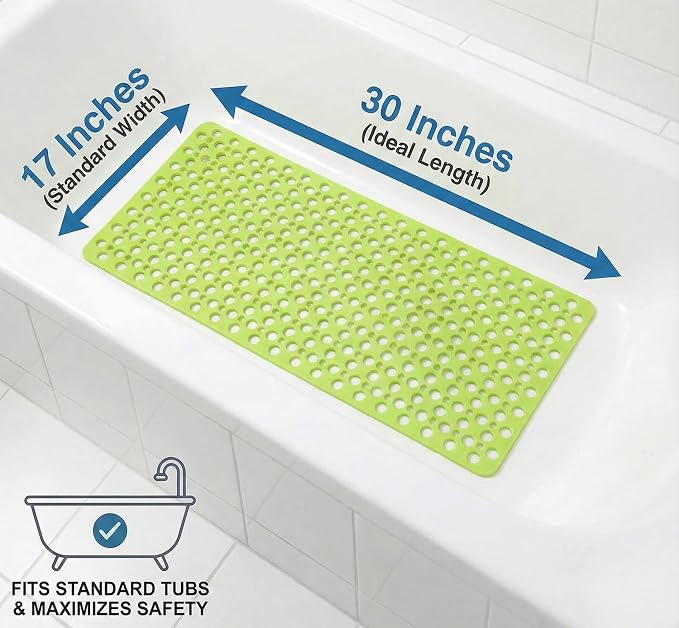 Nonslip Bathtub Mat Extra Soft TPE Bath Mat for Kids, Machine Washable Bathroom Shower Mat, Smooth/Non-Textured Tubs Only, 30L x 17W Inch (Green)