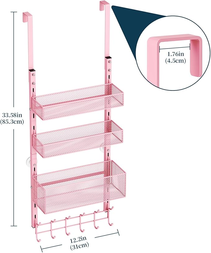 Consumest Over The Door Hooks Organizer - 4 Tier Door Coat Rack with 3 Baskets and 12 Hooks, Stainless Steel Towel Hanger for Bedroom, Bathroom, Living Room, Pink