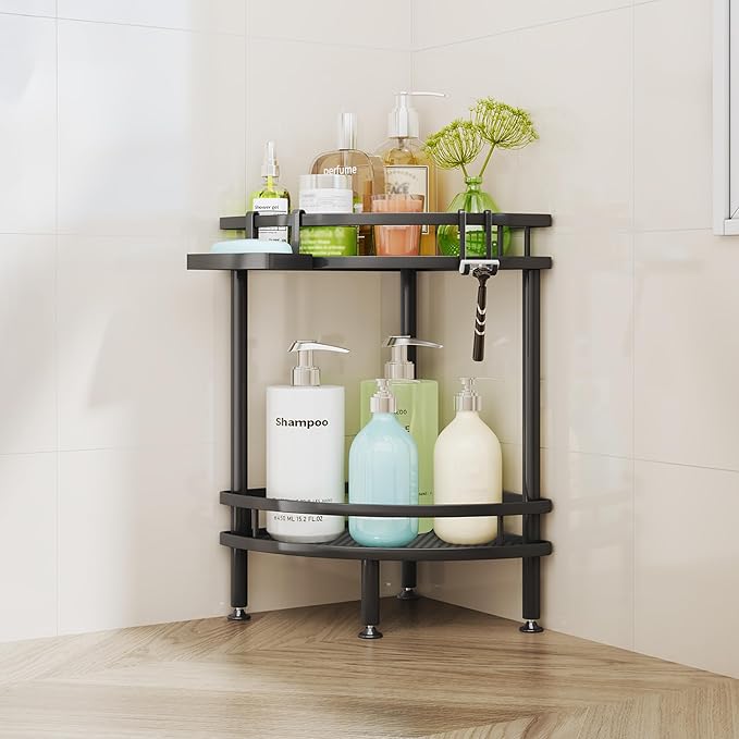 HapiRm Standing Corner Shower Caddy - 2 Tier Shower Organizer Corner with Soap Holder and 2 Hooks, Rustproof Bathroom Storage Shelves with Adhesives, Black