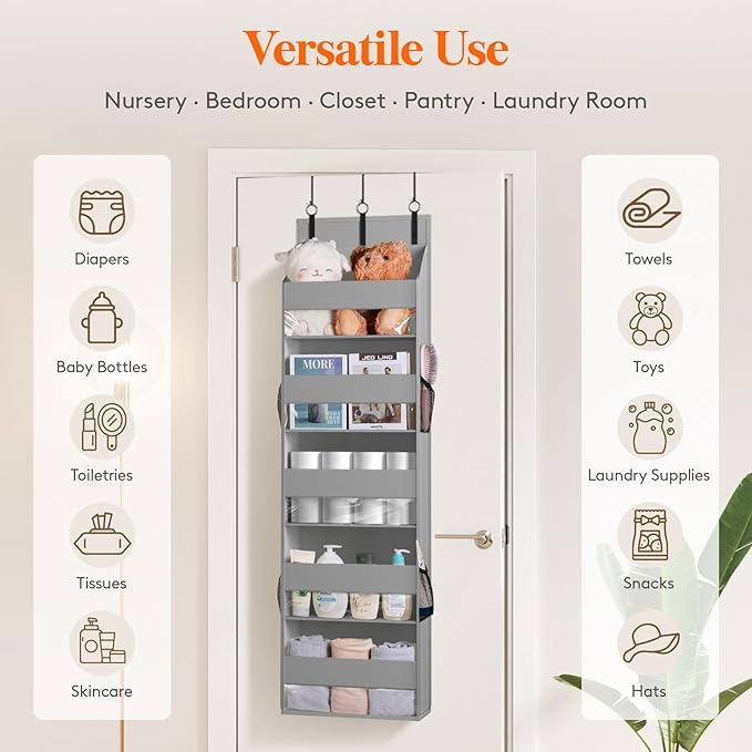 Lifewit 1 Pack Over the Door Organizer, Clear Window Hanging Storage with 4 Side Pockets, Anti Tilt 40 lbs Load Behind Door for Pantry, Nursery, Bathroom, Bedroom, Dorm, 5 Section, Gray