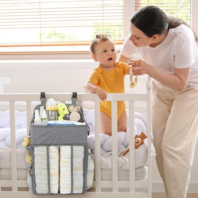 Maliton Changing Table Diaper Organizer - Baby Hanging Diaper Stacker Nursery Caddy Organizer for Cribs Playard Baby Essentials Storage (Gray)