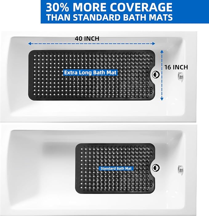 ZHICHENG Bath Tub and Shower Mats, Non-Slip 39 x 16 Inch Extra Long Bath Mat, Machine Washable Bathtub Mat with Drain Holes, Suction Cups for Bathroom (Black)