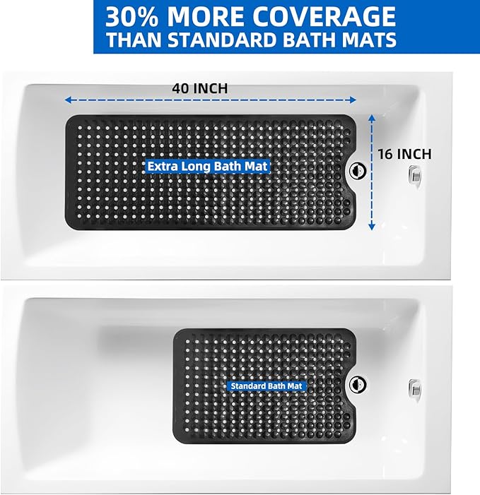 MOONFLY Shower and Bathtub Mat,40x16 Inches,Extra Long Non Slip Mats with Suction Cups and Drain Holes, Machine Washable and Anti Slip Bathmats, Bathroom Mats for Tub Nonslip (Black)