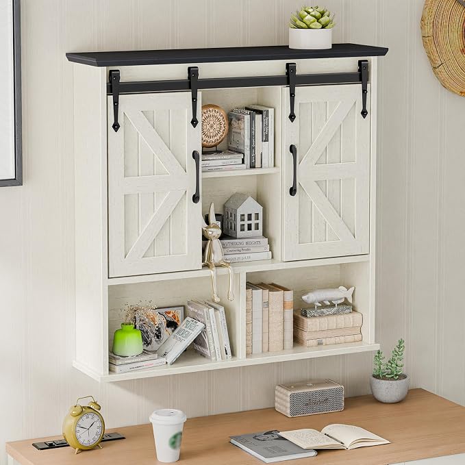 Vabches Bathroom Wall Cabinet, Farmhouse Medicine Cabinet with Double Sliding Barn Door and Adjustable Shelves, Wooden Vintage Storage Cabinet Wall Mounted for Bathroom, Kitchen, White and Black