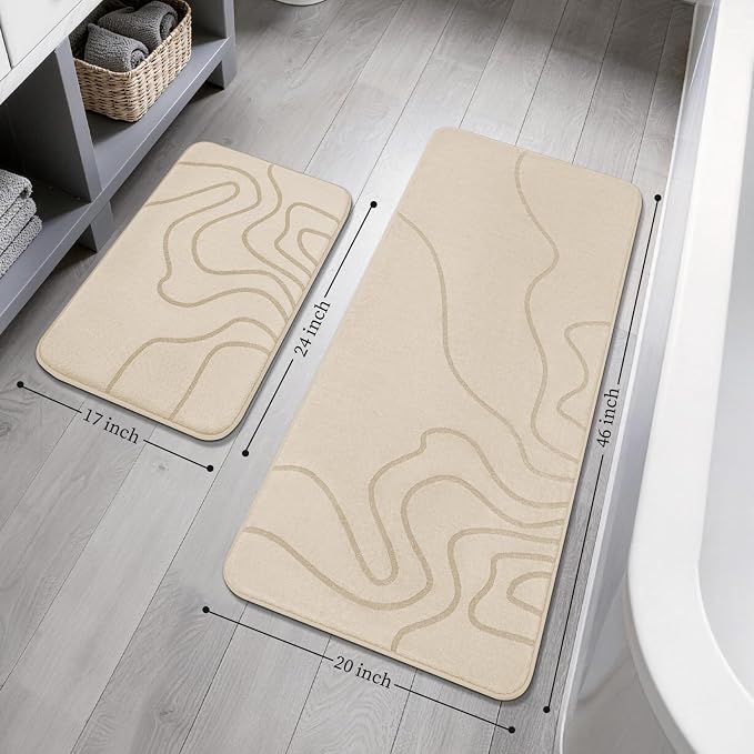 YIHOUSE Memory Foam Bathroom Rugs Sets 2 Piece - Extra Thick Ultra Soft Absorbent Bath Mat Set, Non-Slip Machine Washable Bath Rugs for Bathroom, Tub & Shower, Home Decor (17"x24"+20"x46", Beige)