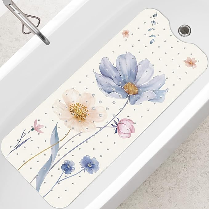 SHUCHING Watercolor Flower Bath Mat for Tub Non Slip-40 X 16Inch, Bathtub Mat Anti Slip for Women, Extra Long Shower Mat for Bathroom Mold Free, Machine Washable