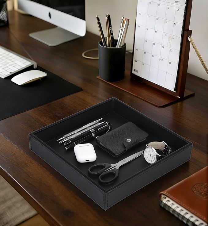 HofferRuffer Faux Leather Vanity Tray, Elegant Desktop Storage Organizer, Decorative Catchall for Perfume, Bathroom Valet, Nightstand or Dresser, 10" x 10" x 1.8" (Black)