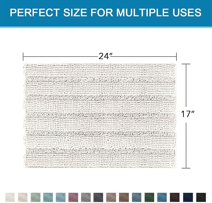 H.VERSAILTEX Bathroom Rugs Bath Rugs for Bathroom Non Slip Bath Mats Extra Thick Chenille Striped Rug 17" x 24" Absorbent Soft Shaggy Washable Dry Fast Bath Mats for Bath Room Floor - Ivory