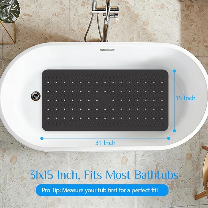 Non Slip Bathtub Mat & Shower Mat, 31x15'' Anti Slip Bath Mat for Tub, Soft TPE Anti-Skid Bathroom Mat with 194 Suction Cups & Drain Holes, Wave-Textured Grip, Machine Washable, Black
