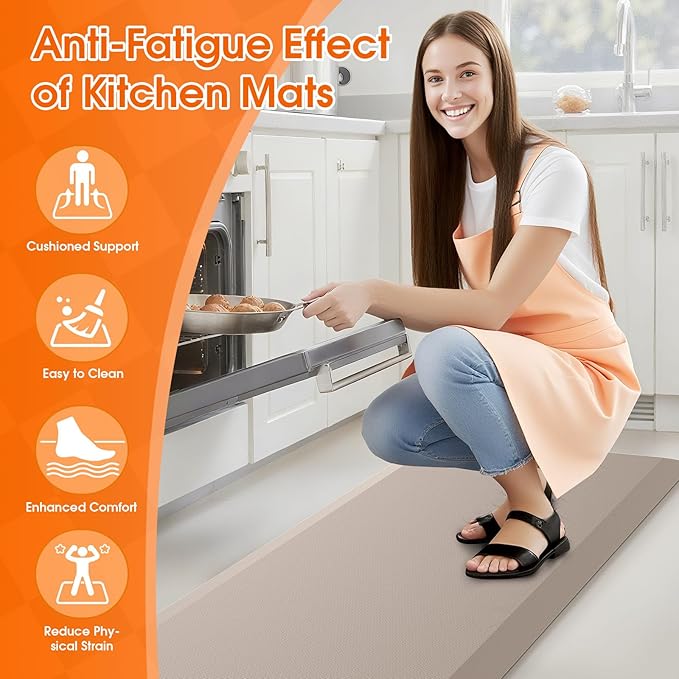 TranquilRelax Extra Large Kitchen Mat Rug, Floor Comfort Mat with Non-Slip Bottom, Waterproof & Stain Resistant & Easy Clean, Standing Desk Mat for Kitchen, Sink, Office (17.3''x39'', Khaki)