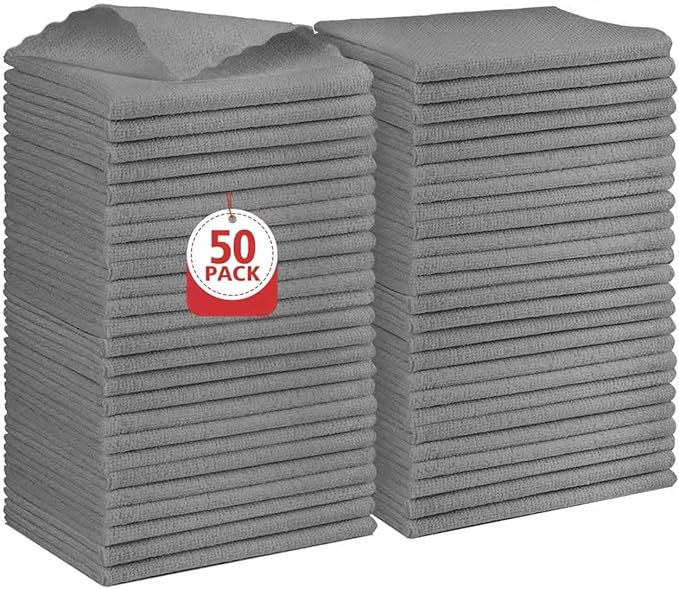 Orighty Microfiber Cleaning Cloth Bulk, 50 Pack Shop Towels, Reusable Cleaning Rags, Lint Free Microfiber Towels for Cars, Home & Kitchen, 12x12 Inch, Grey