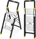 KINGRACK 3 Step Ladder, Aluminium Folding Step Stool with Anti-Slip Wide Pedals & Comfortable Handrail, 330lbs Load Capacity, Space Saving Design for Home & Kitchen, Sturdy and Portable, Silver