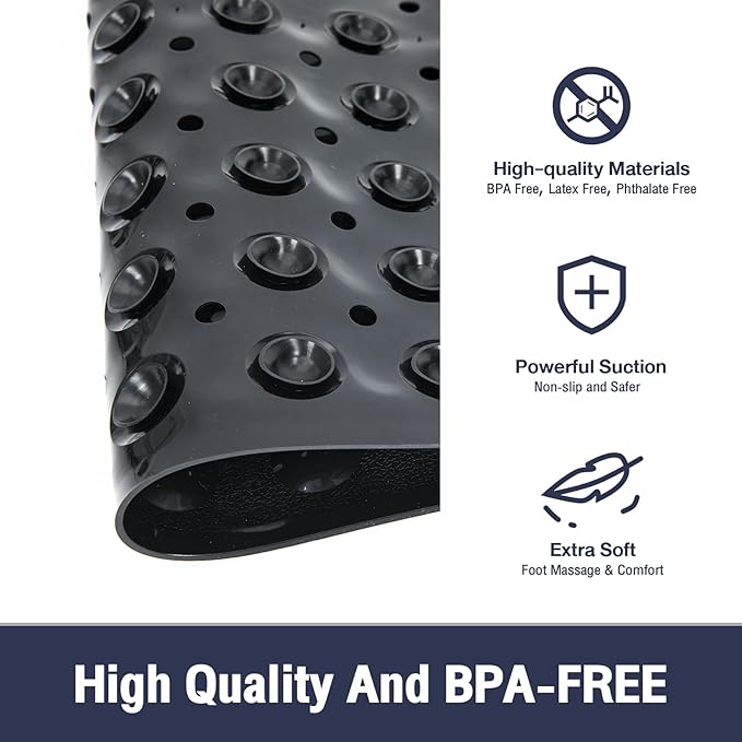 Extra Long Black Bathtub Mat Non Slip, Soft Bath Mat for Tub 40 x 16 Inch Full Size, Bath Tub Shower Mats for Bathroom Floor with Big Suction Cups and Drain Holes, Easy Washable, BPA Free