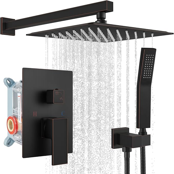 gotonovo Rainfall Bathroom Shower System Rain Shower Head and Handle Set Wall Mounted Shower Complete Combo Solid Brass Pressure Balancing Shower Mixer Valve 12 Inch Oil Rubbed Bronze