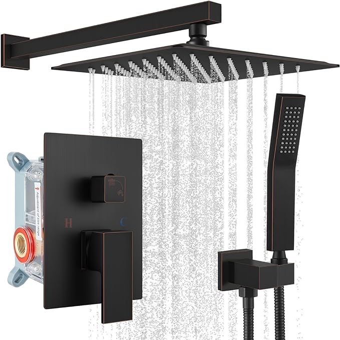 gotonovo Rainfall Bathroom Shower System Rain Shower Head and Handle Set Wall Mounted Shower Complete Combo Solid Brass Pressure Balancing Shower Mixer Valve 10 Inch Oil Rubbed Bronze