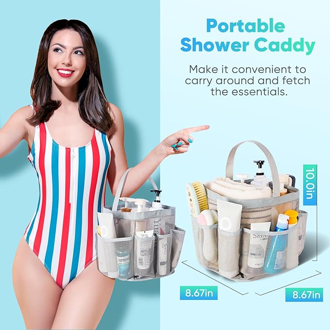 EUDELE Mesh Shower Caddy Portable for College Dorm Room Essentials, 8-Pocket Large Capacity Shower Bag for Beach, Swimming, Gym Pack