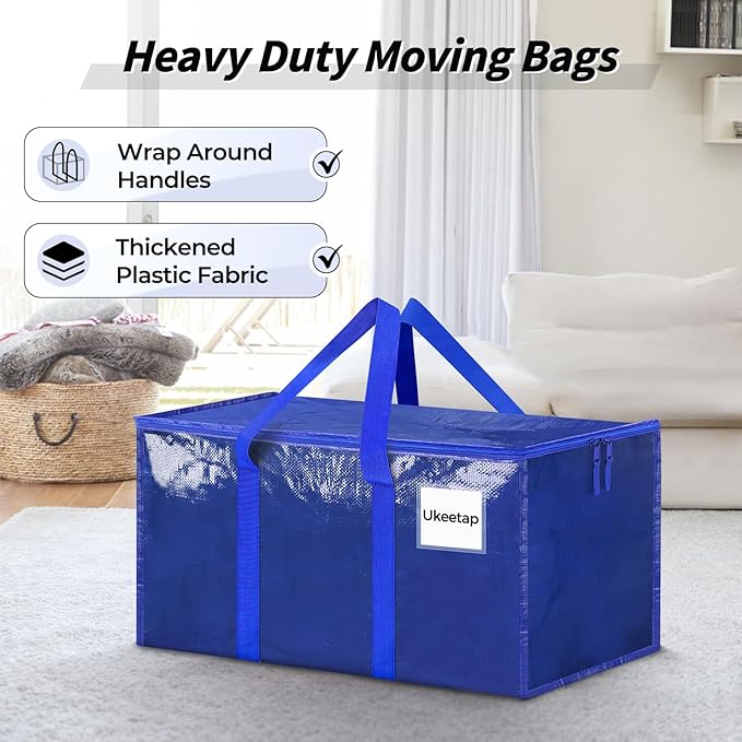 8 Pack Extra Large Heavy Duty Moving Bags, Blue Storage Bins with Lids, Reinforced Handles & Heavy-Duty Zippers Moving Boxes Storage Bags Totes for Clothes Packing, Dorms, College Supplies, Blue