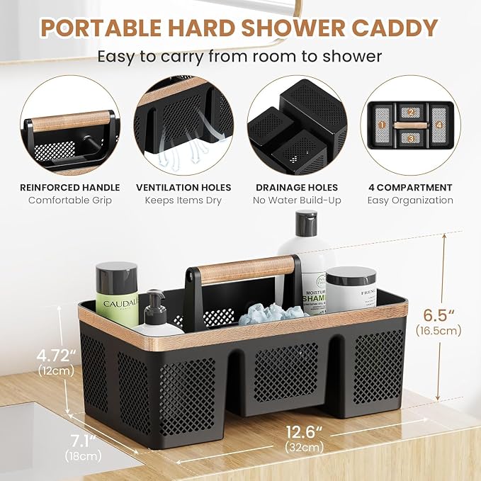 BYUNER Plastic Shower Caddy Dorm: Portable Hard Shower Basket with Handle, 4 Divided Compartments, All-Side Drainage, Bathroom & Cleaning Caddy for College Dorm Room Essentials, Black/wood grain