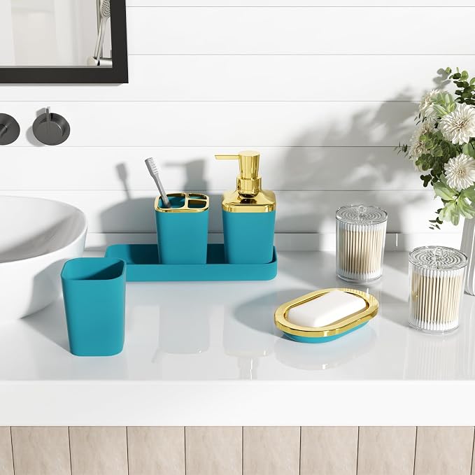 XLHOMO Bathroom Set - Teal Blue Bathroom Accessories Set, Bathroom Sets with Shower Curtain and Rugs, Teal Blue Shower Curtain Set with Bathroom Trash Can, Soap Dispenser, Soap Dish for Home Decor