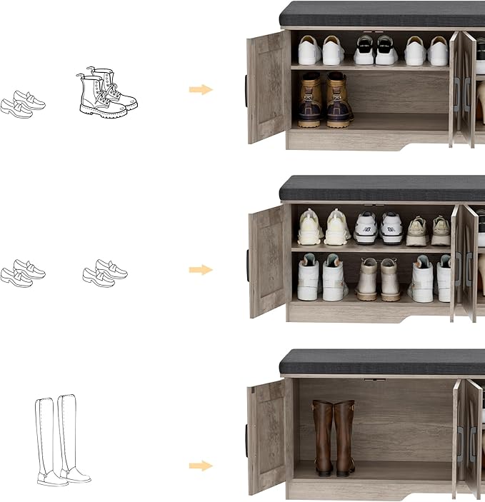 HOMSHO 2-Tier Storage Bench, 47.2" Wide Shoe Bench with Padded Seat Cushion, Entryway Bench with 4 Barn Doors and Adjustable Shelf, Greige