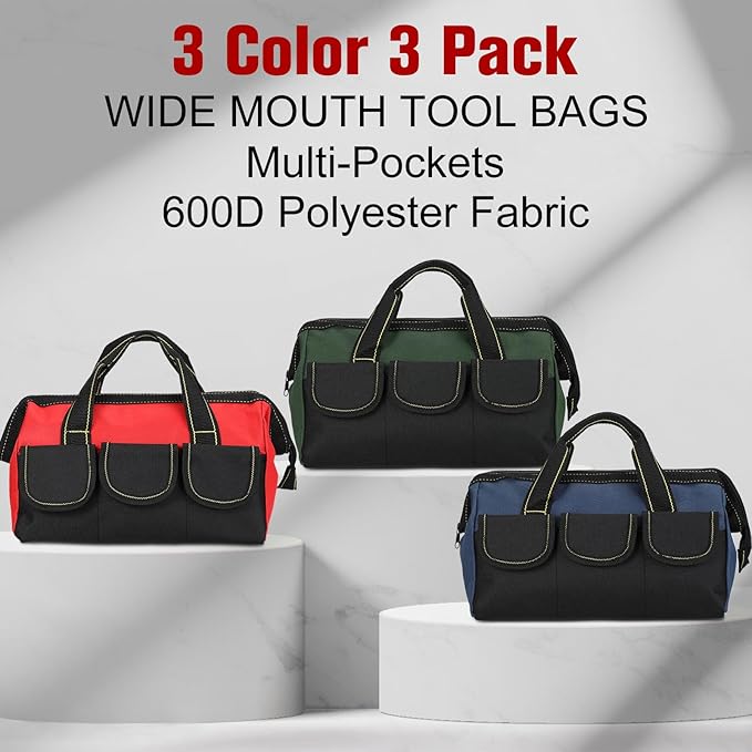 Sanwuta 3 Pack Tool Bag for Men with Waterproof Hard Bottom, Heavy Duty Tool Bag Wide Mouth Tote for Various Instrument, Electrician Carpenter Mechanic(Red, Army Green, Blue,16 Inch,Classic)