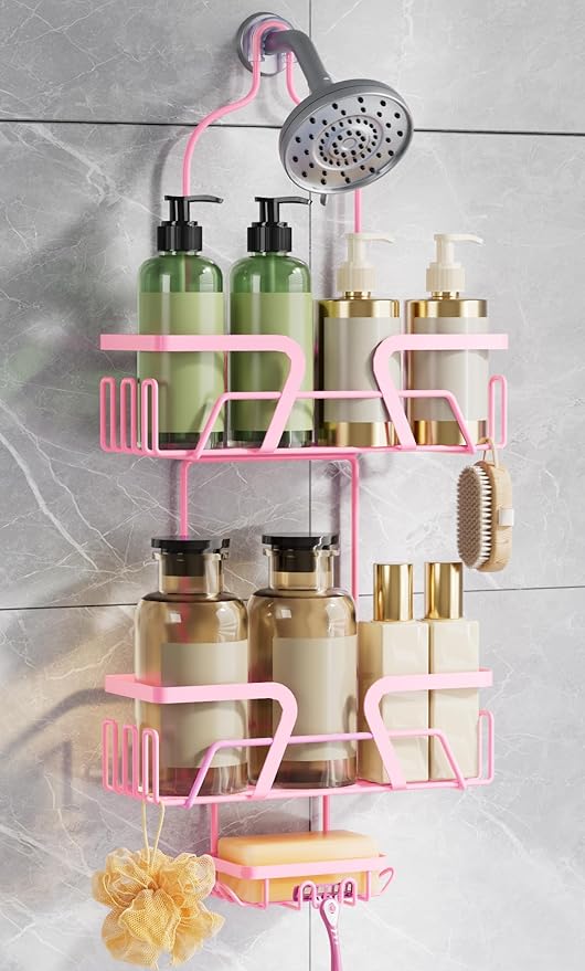 DAOYA Shower Caddy Hanging, Pink Over the Shower Head Caddy with Soap Holder, Bathroom Organizer with Hooks for Razors and Bath Sponges