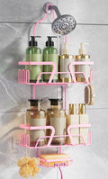 DAOYA Shower Caddy Hanging, Pink Over the Shower Head Caddy with Soap Holder, Bathroom Organizer with Hooks for Razors and Bath Sponges