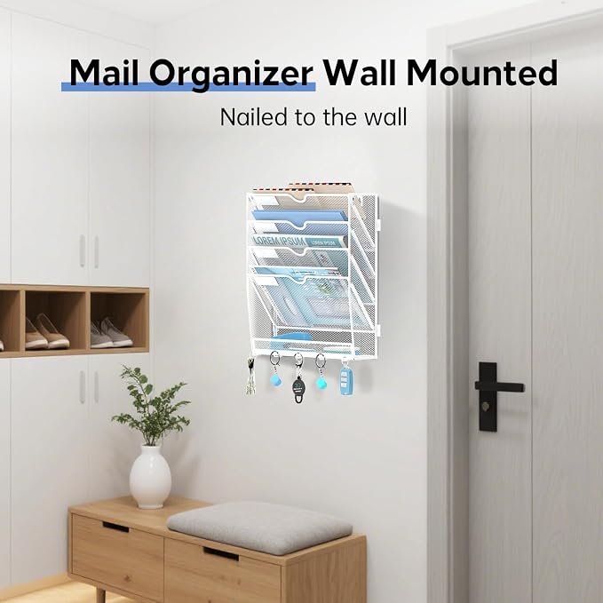5 Tier Wall File Organizer - Hanging File Organizer with 5 Hooks, Mail Holder Wall Mounted for Papers, Folders, Magazines, Bills, Office&School Organization, White