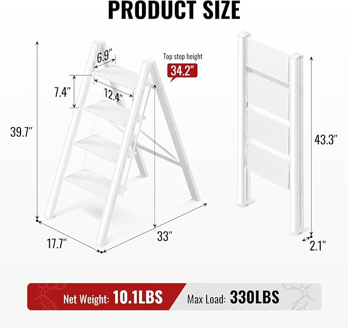4 Step Ladder, Aluminum Folding Step Stool with Anti-Slip Sturdy and Wide Pedal, Lightweight Portable Stepladder for Home and Kitchen Use, Cream White, 330 lbs