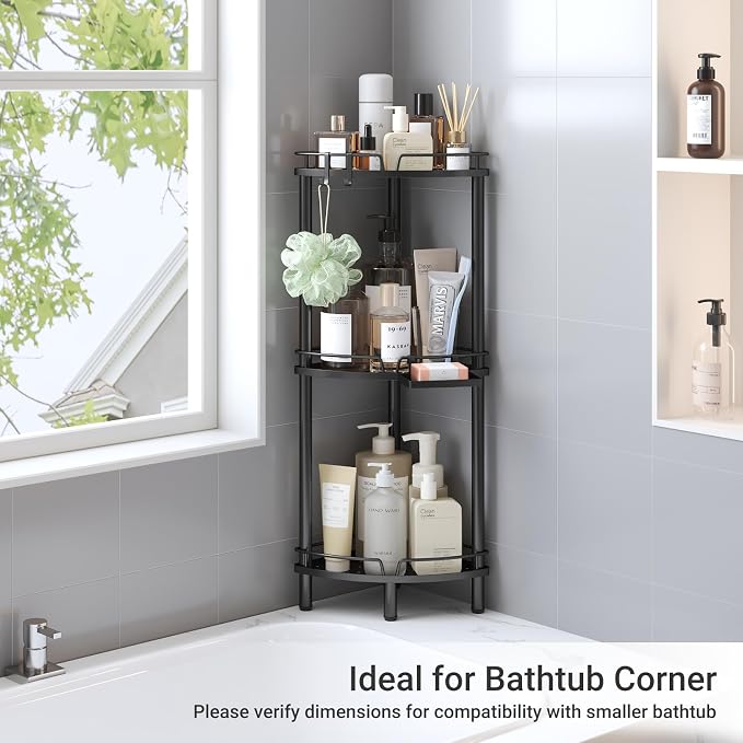 ELYKEN Corner Shower Caddy Standing, 3 Tier Rustproof Metal Shower Organizer with Soap Holder, Floor Shower Corner Shelf Rack Storage Stands with Adjustable Feet & 2 Hooks for Bathroom, Black