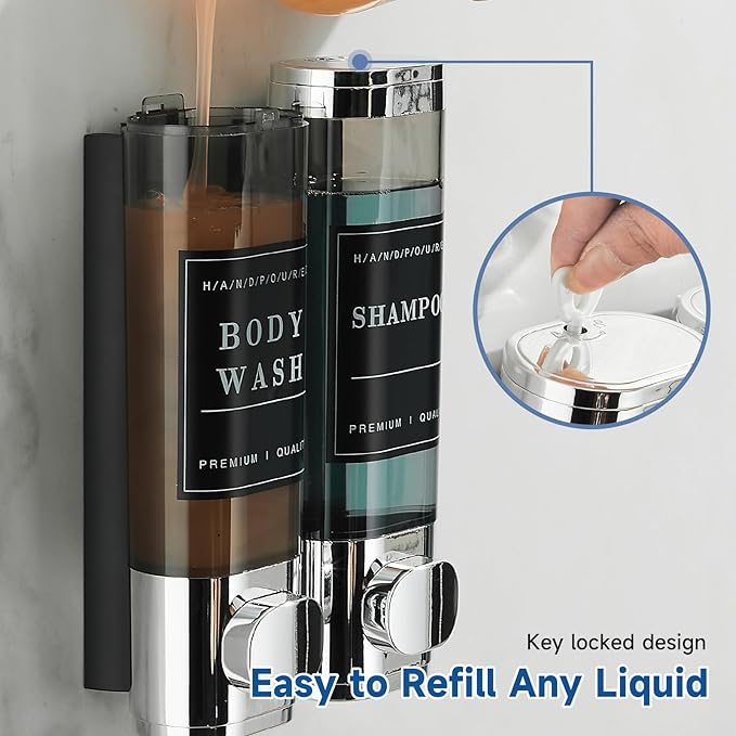 Shower Soap Dispenser 2 Chamber No Drill Wall-Mounted Shampoo Dispenser for Shower Wall Mounted Shower Dispenser for Bathroom Hotel Large Capacity,Chrome1