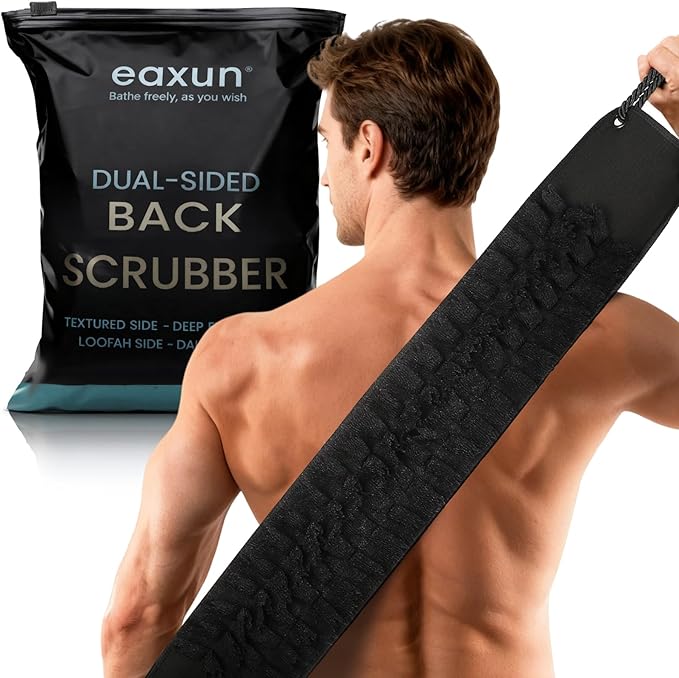 eaxun Back Scrubber with Handles for Shower, Wider 40 Inches Dual-Sided Back Washer with Exfoliating Texture and Loofah for Men, Women and Elderly, Bath Back Exfoliator Body Cleaner for Deep Cleansing