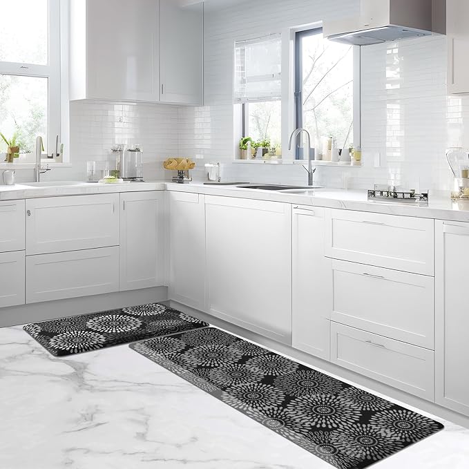 LuxStep Kitchen Mats for Floor,0.47 inch Thicker Cushioned Rug Anti-Fatigue Mats for Kitchen Decor Accessories,Waterproof Non-Slip Mats and Rugs Set for Office,Laundry 17.3"×29"+17.3"×60",Black