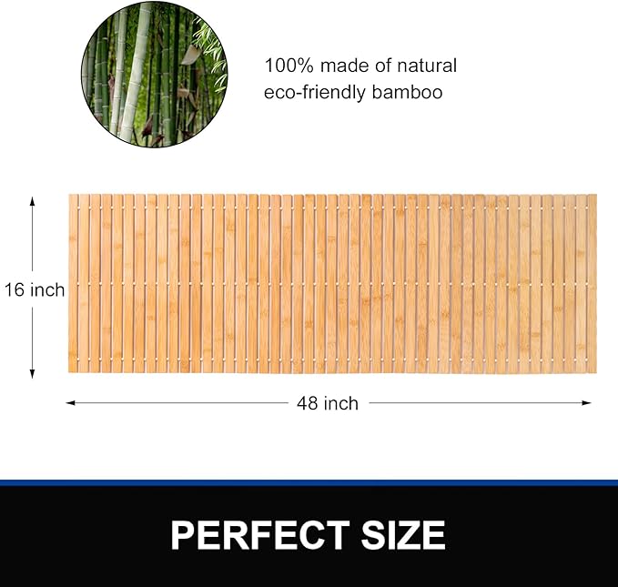 Bamboo Bath Mat Bathroom Runner Long Large Rugs Floor Wood Shower Bathtub Waterproof Non Slip Accessories 16x48 Inch Easy to Clean, Natural Bamboo, 1 pc