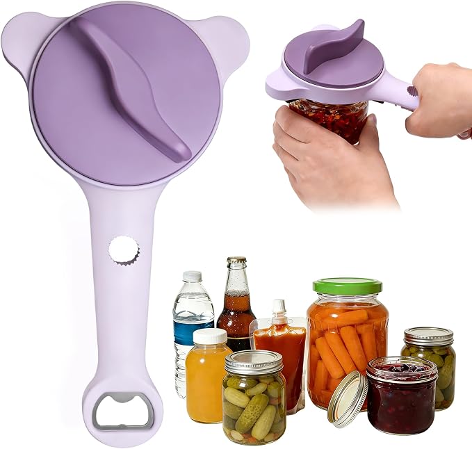 Multi-Functional 4-in-1 Jar Opener, Adjustable Stainless Steel Bottle Opener for Multi Size Jar Bottles with Ergonomic Non-Slip Handle Grip, Kitchen Helper for Seniors Weak Hands Arthritis