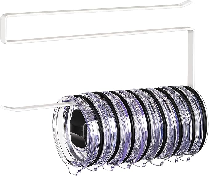 Tumbler Lid Organizer, Horizontal Tumbler Lid Storage Hook Up to 10 Lids, Space Saving Cup Lid Holders Under Cabinet Tumbler Lid Hook for Kitchen Organizer and Storage, Paper Towel Rack Hanger (White)