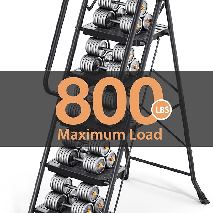 TOOLF Step Ladder, Sturdy Steel Step Stool with Anti-Slip Wide Pedals, Handrail, Safe-Lock Design, Folding Portable Ladder for Multi-Purpose, Home, Kitchen (5 Step Ladder)