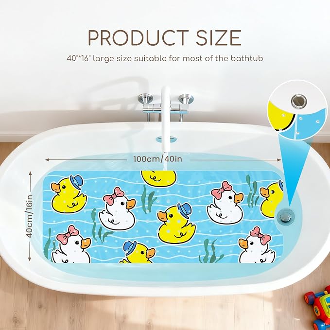Baby Bath Mat for Tub, Non Slip Kids Bath Shower Mat, 40 X 16 Inch Large Bathtub Mat with Drain Holes and Suction Cups for Toddlers, Machine Washable and Waterproof (Duck)